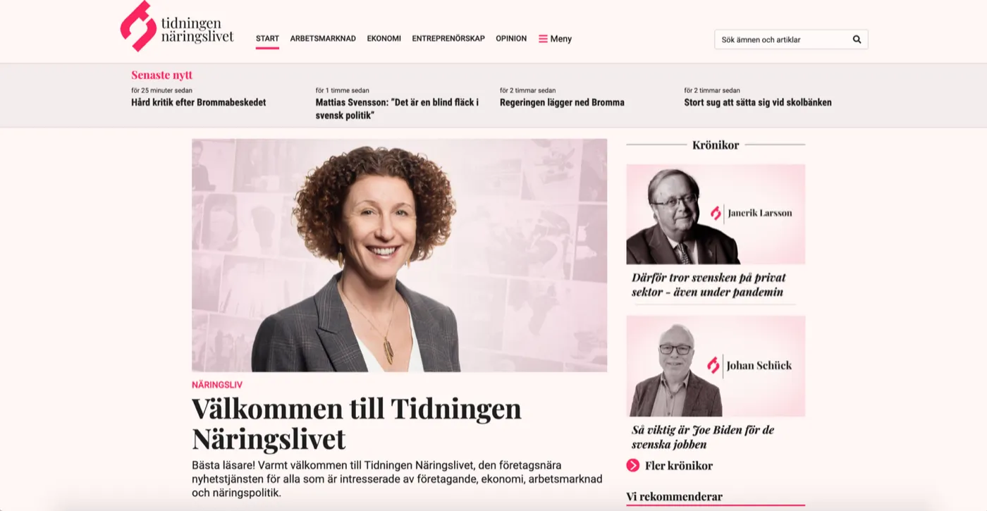 Skärmbild av startsidan för Tidningen Näringslivet
